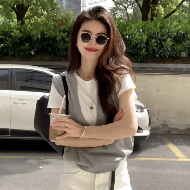 韩版撞色拼接假两件拼接短袖T恤女2025夏季新款圆领时尚上衣ins潮|undefined