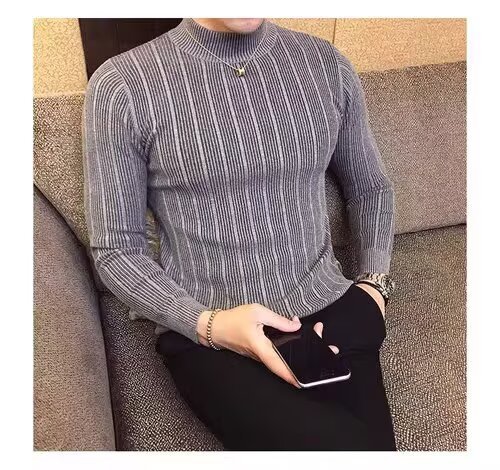 Men's British Style Slim Fit Turtleneck Sweater Korean Style Knitwear Casual Striped Base Layer Autumn New Versatile_viptrois.com