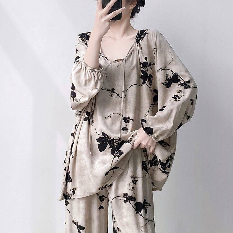 Women's Pajamas for Spring and Autumn, Cotton Silk National Style Home Wear, Suitable for Summer, New Chinese Style, Large Size, Artificial Cotton Silk Set, Thin Women's Pajamas for Spring and Autumn, Cotton Silk National Style Home Wear, Suitable for Summer, New Chinese Style, Large Size, Artificial Cotton Silk Set, Thin