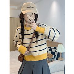 条纹针织衫小上衣女装秋季2025新款宽松短款套头外穿别致毛衣