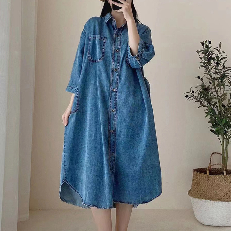 2026 Spring Korean Style New Fashionable Plus Size Shirt Dress Loose Retro Nostalgic Turn-Down Collar Slimming Denim Dress