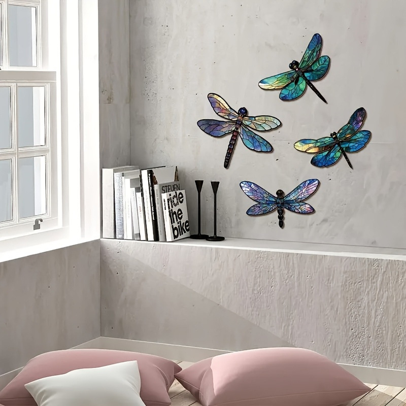 Cuelga transfronteriza venta caliente 4 piezas de madera libélula arte de pared adecuado para jardín al aire libre cerca decoración de sala de estar y boda