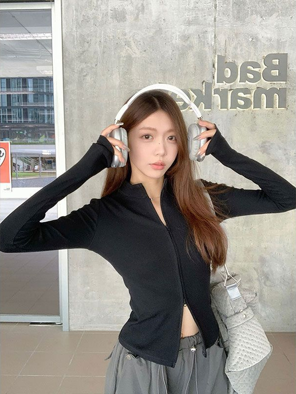 辣妹设计感双拉链立领长袖T恤女秋季小众修身短款上衣内搭打底衫|undefined