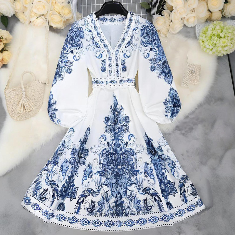 Fd1294 Spot 2023 Spring New Cross-Border Women's Fashion V Neck Long Sleeve Bohemian Print Dress