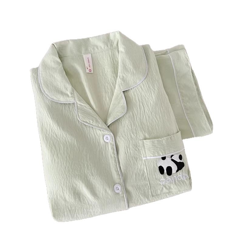 Primavera y verano nubes de algodón pareja pijama mujer panda dibujos animados bordados otoño hombre ropa de casa set comercio exterior al por mayor