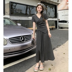 跨境大胖mm女夏季新修身显瘦遮肉休闲短袖衣半身裙气质两件套装纯