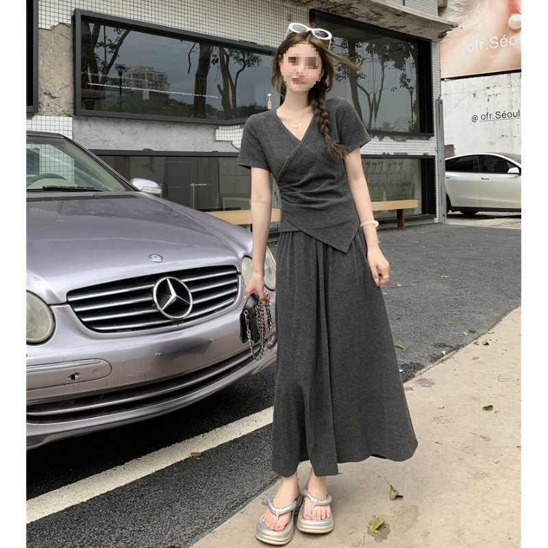 跨境大胖mm女夏季新修身显瘦遮肉休闲短袖衣半身裙气质两件套装纯|undefined