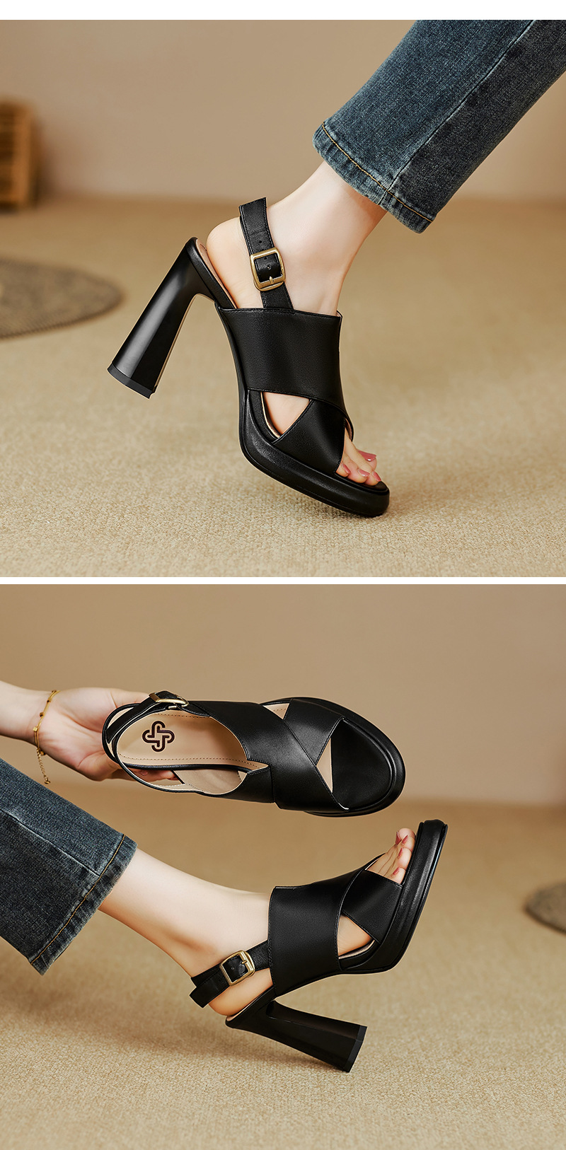 Sandal cao gót nữ quai ngang hở ngón da cừu cao cấp gót 10 cm — Màu đen chi tiết 11