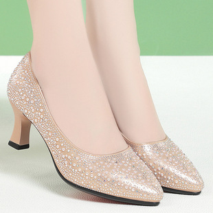 Champagne High Heels 2023 New Wedding Shoes Sequin Beaded Leather Shoes Wedding Shoes Bridesmaid Shoes Spring and Autumn Women's Single Shoes