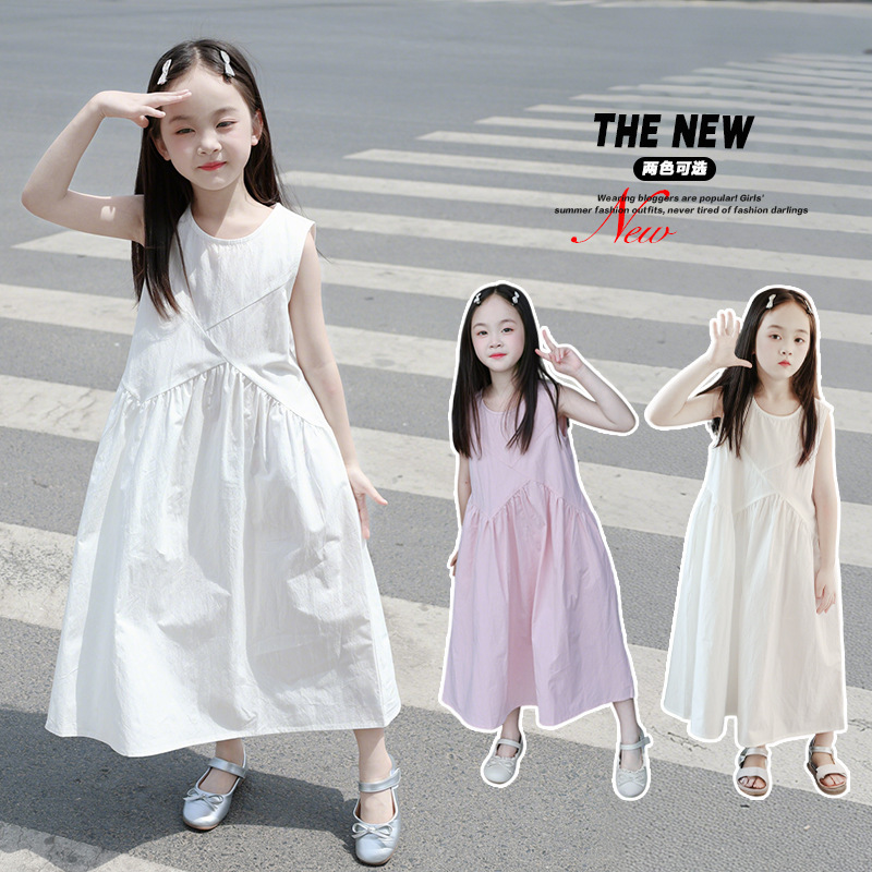 Elegant White Girls Dress 2025 New Summer Girls Sleeveless Cotton Long Skirt Children's Princess Dress