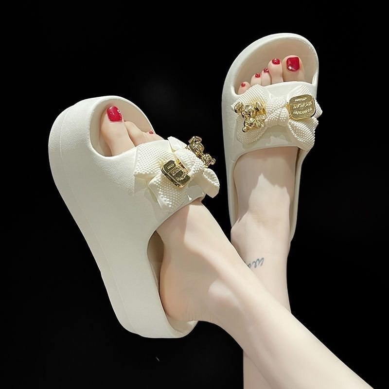 Thick-Soled High-Heeled Slippers for Women, Summer Trendy Outdoor Wear, 2025 New Model, Cute Bear Bowknot, Super Soft Slippers