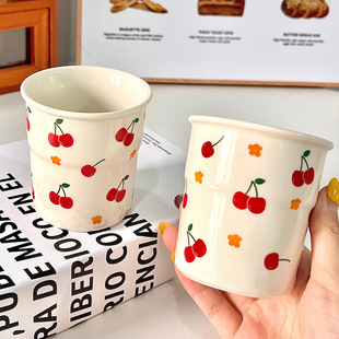 Cute Cherry Ceramic Hand Cup Living Room Retro Imitation Paper Cup Couple Coffee Cup Home Milk Breakfast Tea Cup