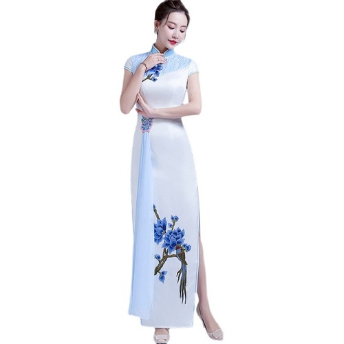 Chinese dress oriental retro qipao dress for women white blue porcelain Long performance catwalk cheongsam vintage dress