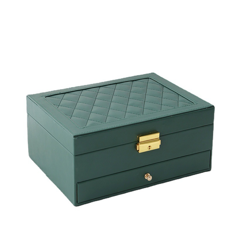 Caja de joyería de cuero de doble cajón, pernos de alta calidad, caja de joyería de mano, pendientes de pernos con cerradura, caja de almacenamiento de joyas