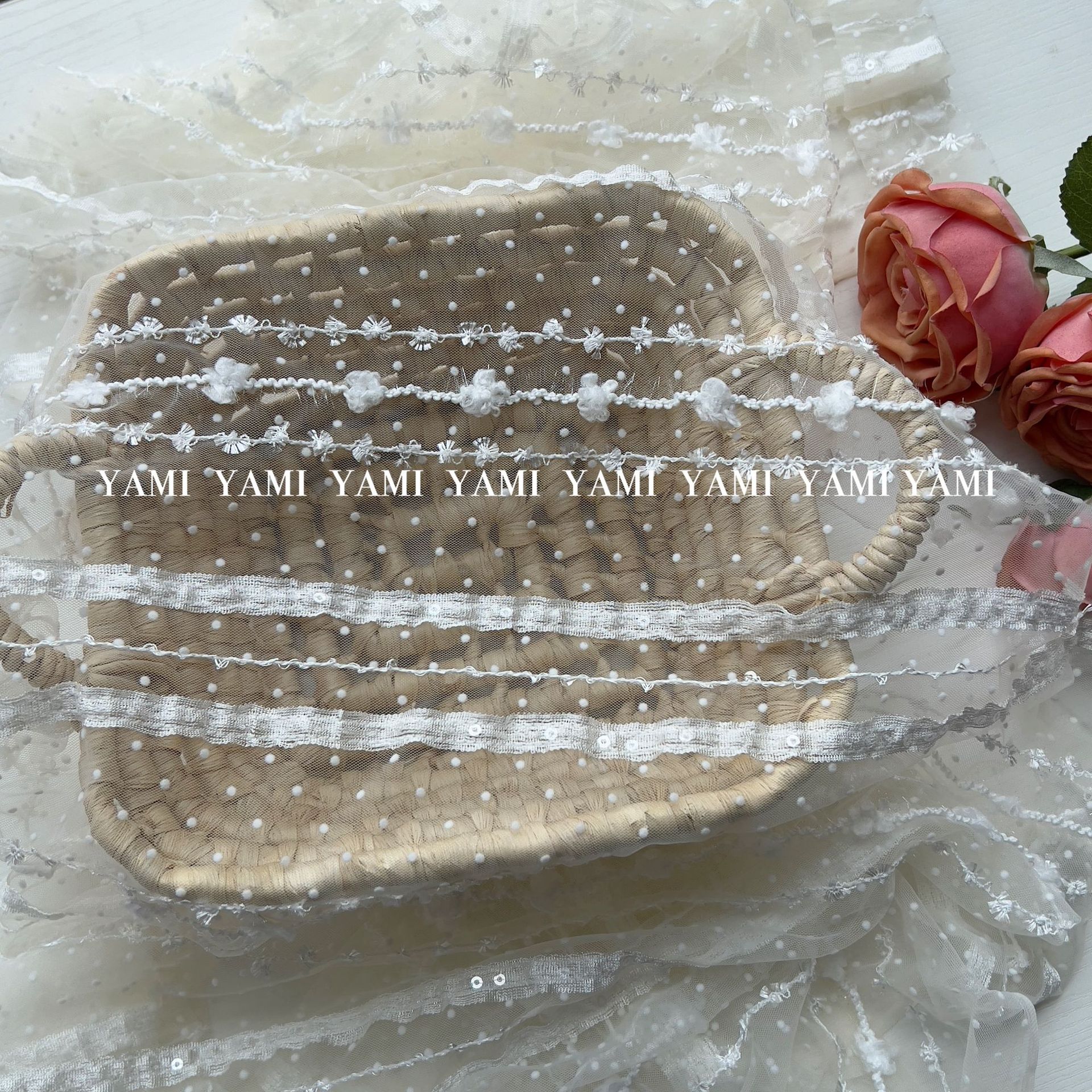 Bordado de rayas pastel falda tela de malla gaza flocado punto gancho flor bordado vestido de boda tela Lolita