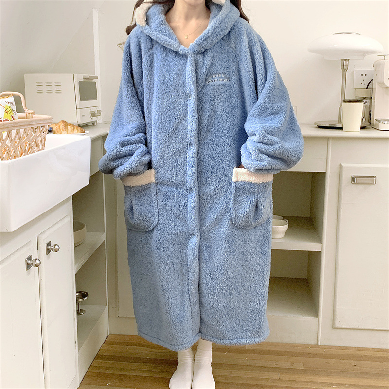 Pijama de franela de invierno mujer sobre la rodilla vestido con capuzas y camelón calentamiento simple lindos pijamas caseros al por mayor