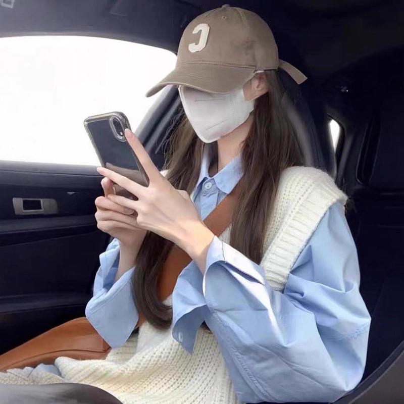 初秋叠穿纯棉蓝色衬衫女打底内搭长袖上衣宽松遮肉显瘦衬衣外穿潮|undefined