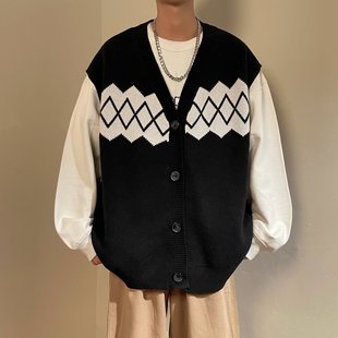 Sweater Men's Autumn and Winter Japanese Color Contrast Striped Turtleneck Knitted Vest Retro Base Shirt Loose Lazy Style Vest