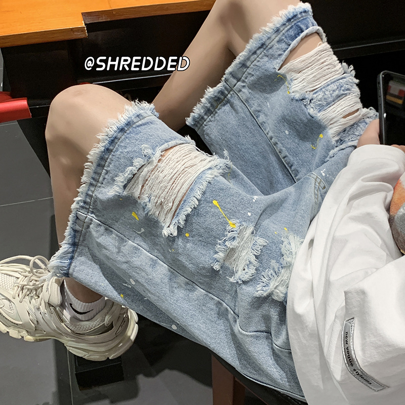 Ripped Denim Shorts Men's Summer Thin Out-Wearing Trendy Brand Five-Length Pants Heavy Casual High-Level Beggar Pants