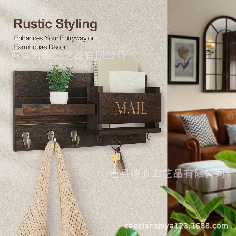 Wooden Retro Entrance Key Rack Wall-mounted Mail Key Storage Rack Entry Door Sundries Storage Rack