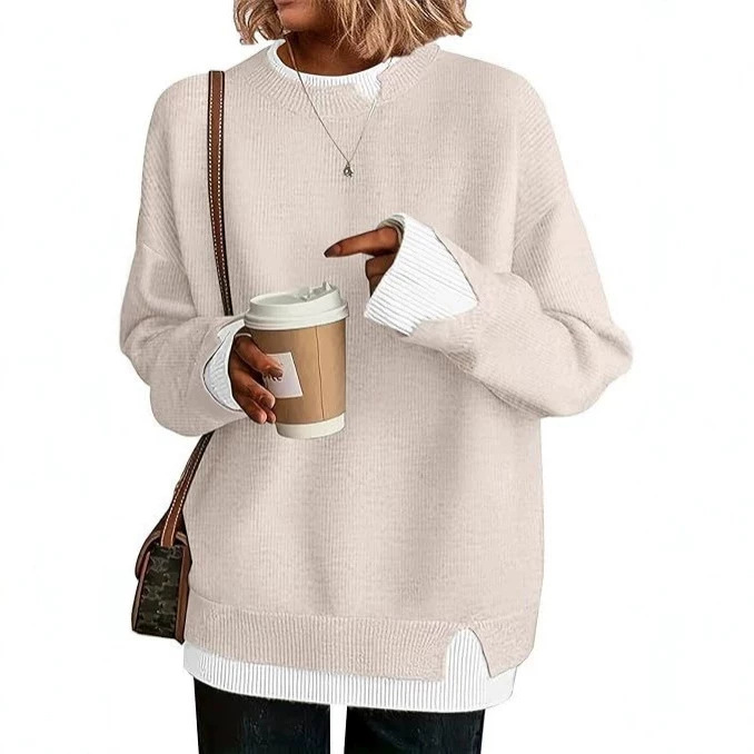 European and American Style Cross-Border Amazon Aliexpress Autumn and Winter New Style Comfortable Casual Loose Contrasting Color Pullover Long-Sleeved Sweater for Women