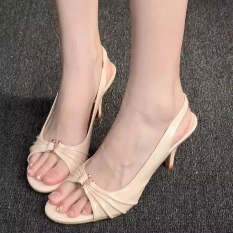 Elegant and Casual, Comfortable French-Style Peep-Toe Sandals with a High-End Feel, 2025 New Model in Nude Color with Round Toe and Thin High Heels