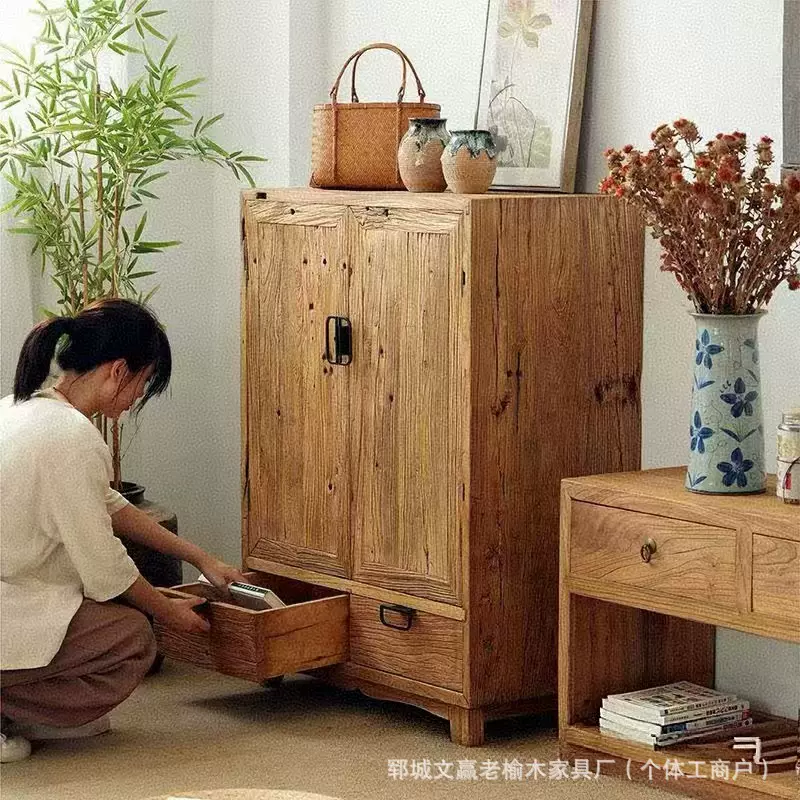 新中式老榆木 餐边柜原木做旧斗柜榆木餐边柜客厅文件书籍收纳柜