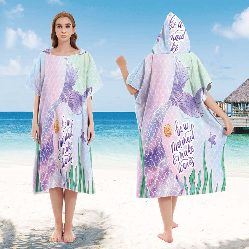 Mermaid Cape Beach Bathrobe Seaside Changing Bathrobe Surfer Printed Hooded Bath Towel 1