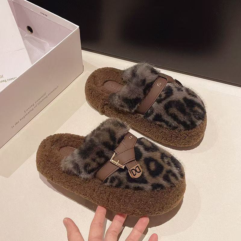 秋冬季时尚韩系豹纹包头毛毛拖鞋女外穿保暖舒适防滑厚底ins棉拖|undefined