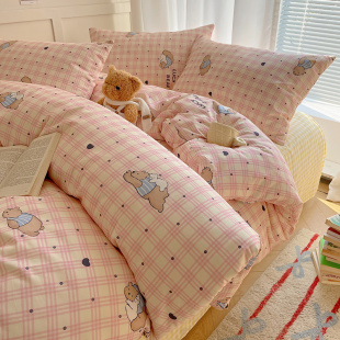 Cartoon Cute Kidsren's Pure Cotton Bed Four-Piece Set Skin-Friendly 100% Cotton Quilt Cover Dormitory Cotton Bed Bed Sheets Three-Piece Set 4