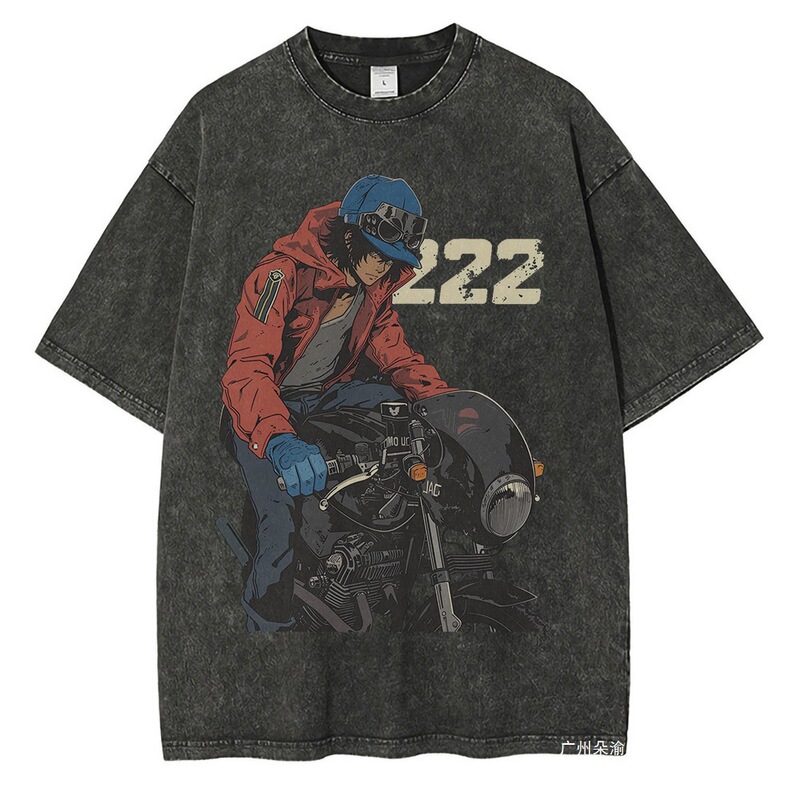 [Cross-Border 230g] Heavyweight Pure Cotton Washed T-Shirt Anime Character Motorcycle Print Pattern T-Shirt Off-Shoulder Complex
