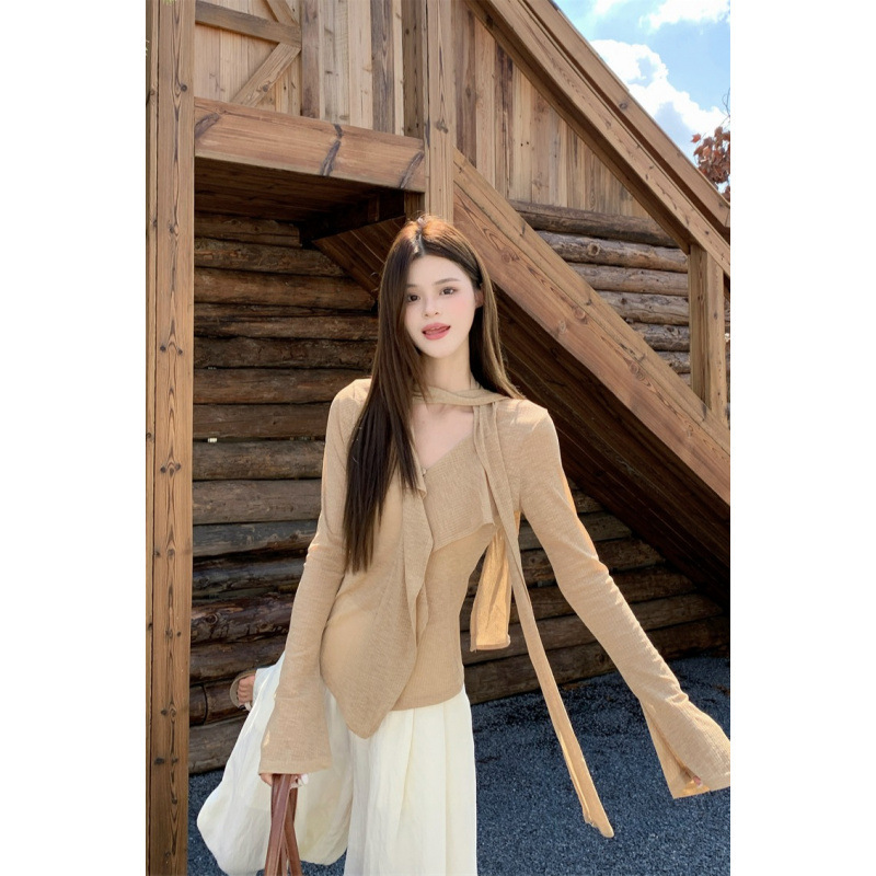 Korean-Style Youthful Autumn Loose Design V-Neck Women's Long-Sleeve Top Korean Version Irregular Women's Top