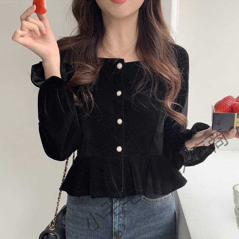 法式复古黑色方领心机上衣女设计感露锁骨短款金丝绒百搭衬衫_1