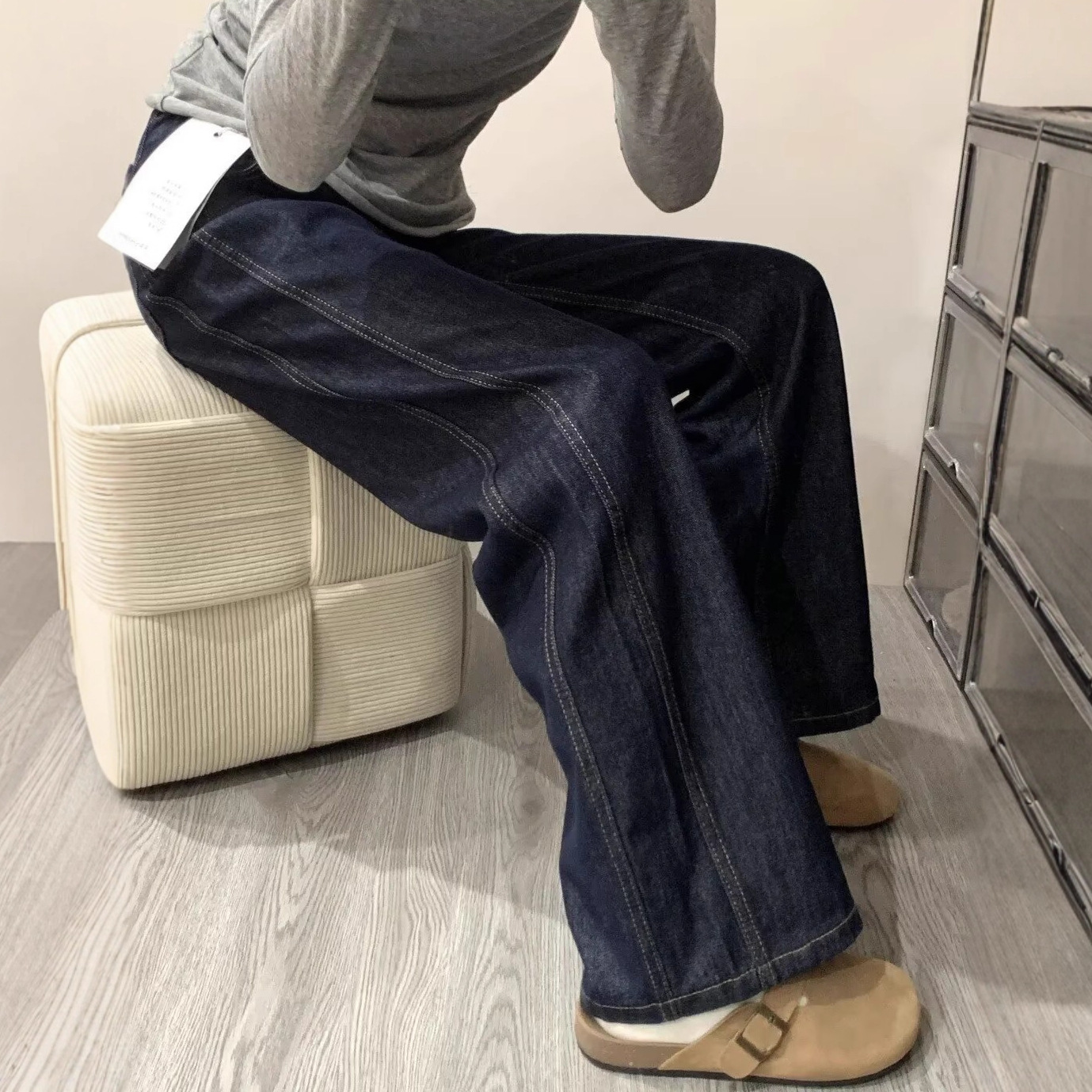 深蓝色直筒牛仔裤女春秋款胖mm梨形身材宽松显瘦阔腿拖地长裤子潮