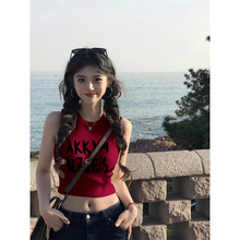 代发法式酒红色修身背心女夏季时尚新款美式高街字母印花吊带无袖