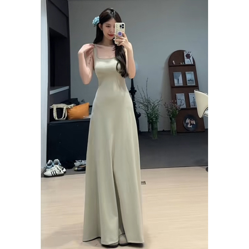 High-End Custom-Made Floor-Length Solid Color Waist-Cinching Backless Stretchy Long Strap Dress for Women in Summer, Knitted Slimming A-Line Long Dress