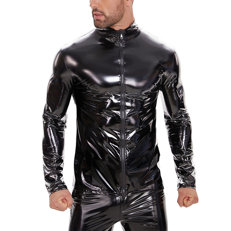 Cross-Border Products European and American Men's Pvc High-Gloss Patent Leather Jacket Sexy Leather Jacket No Odor Accurate Size