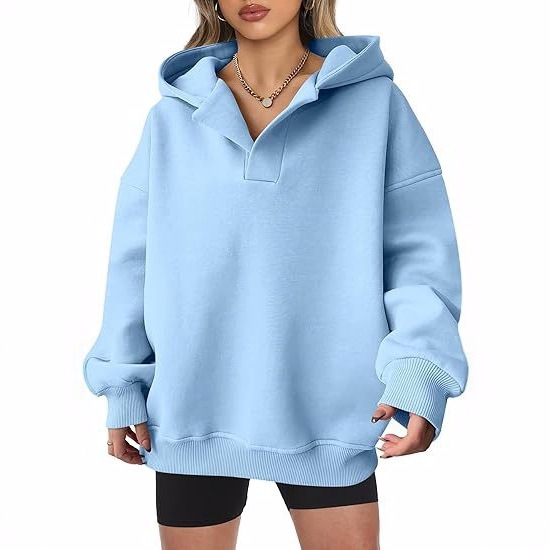 In Stock 2025 Amazon New European and American Cross-Border Women's Autumn and Winter Fashion Casual V Neck Hooded Long-Sleeved Velvet Sweatshirt