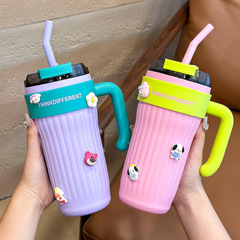 美式大容量316保溫杯女生高顏值便攜咖啡杯多巴胺色吸管杯子2023