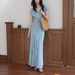 Er Yang Design Jin Yan 模造炒めテクスチャー半袖ドレス女性通勤エレガントなシンプルな気質スカート