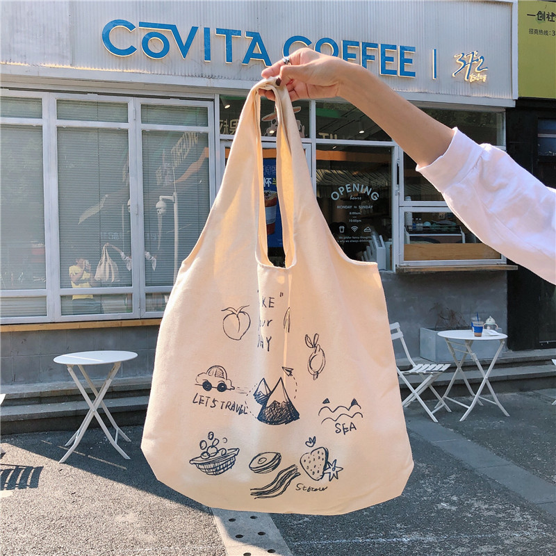 99304 ins single-shoulder hand-carry canvas bag, cute cartoon illustration tote bag for girls, student trend undefined