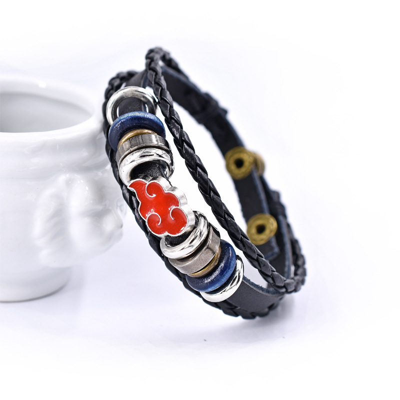 Anime peripheral fire shadow four-joint buckle vintage leather bracelet zinc alloy oil dripping red Yunxiao logo woven bracelet