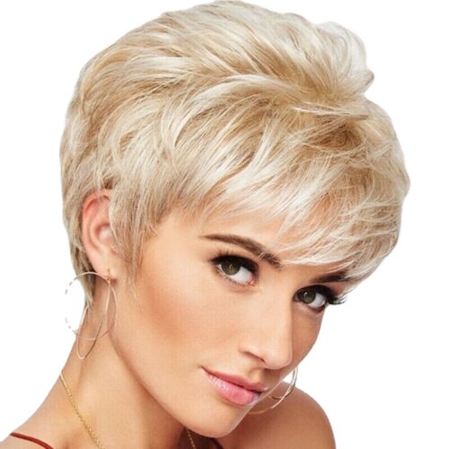 Peluca sintética de pelo corto y liso para mujer, diadema inclinada ajustable con gradiente de color dorado_voghion.com