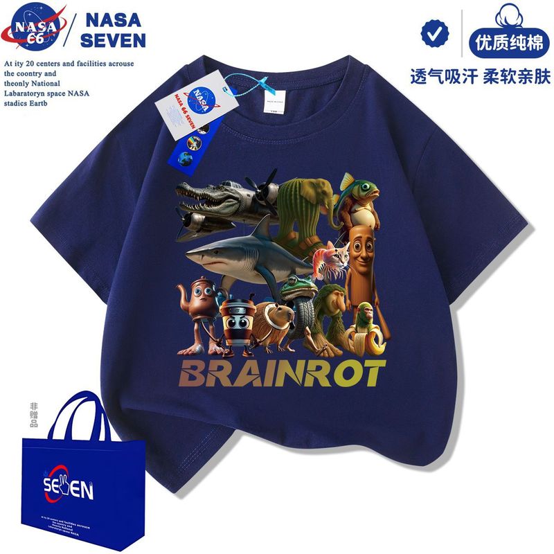 NASA 外山海経サメ忍者半袖ボーイズ 2025 新しいウッドスティックマンピュアコットン Tシャツ中大型子供用トップ|undefined