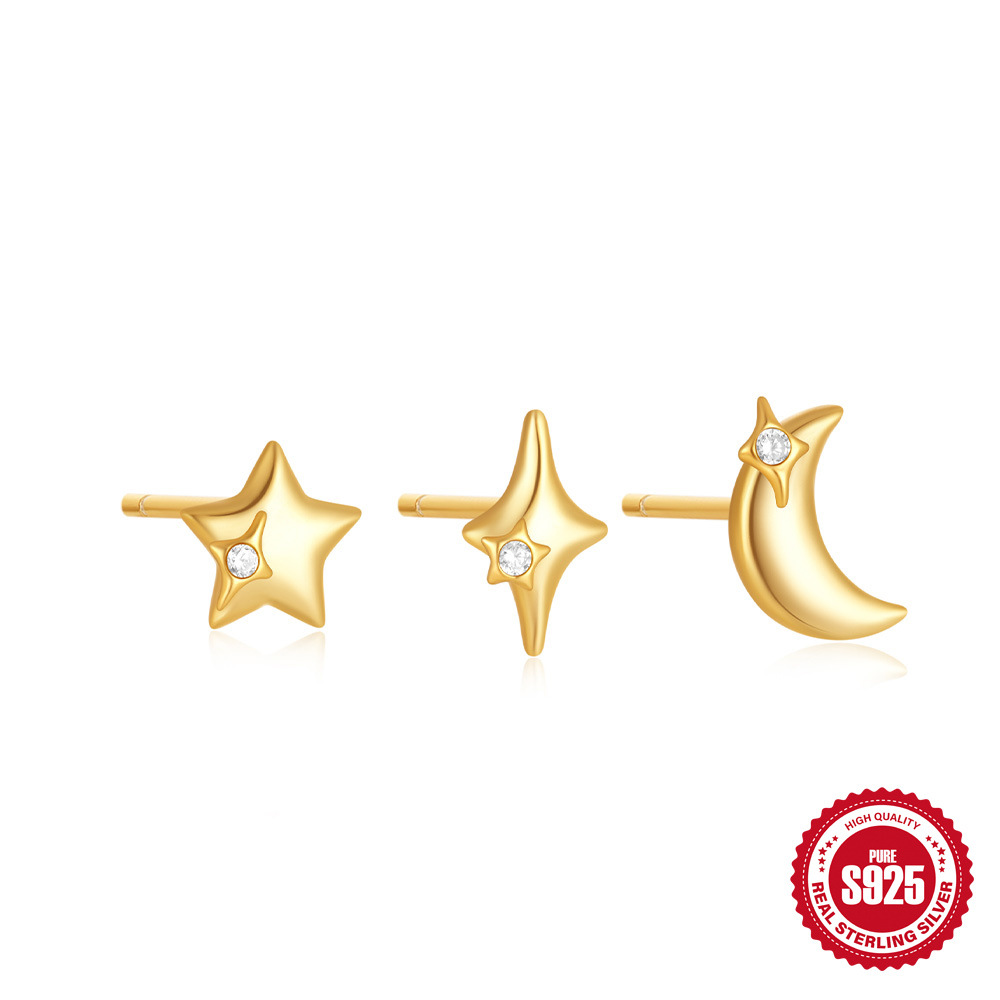 Nueva venta caliente europea y americana estilo ins s925 plata esterlina estrella luna elemento superficie brillante minimalista aretes de tres piezas pendientes