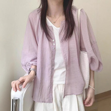 紫色防晒衬衫外套女薄款夏季韩系小开衫外搭上衣宽松休闲纯色衬衣