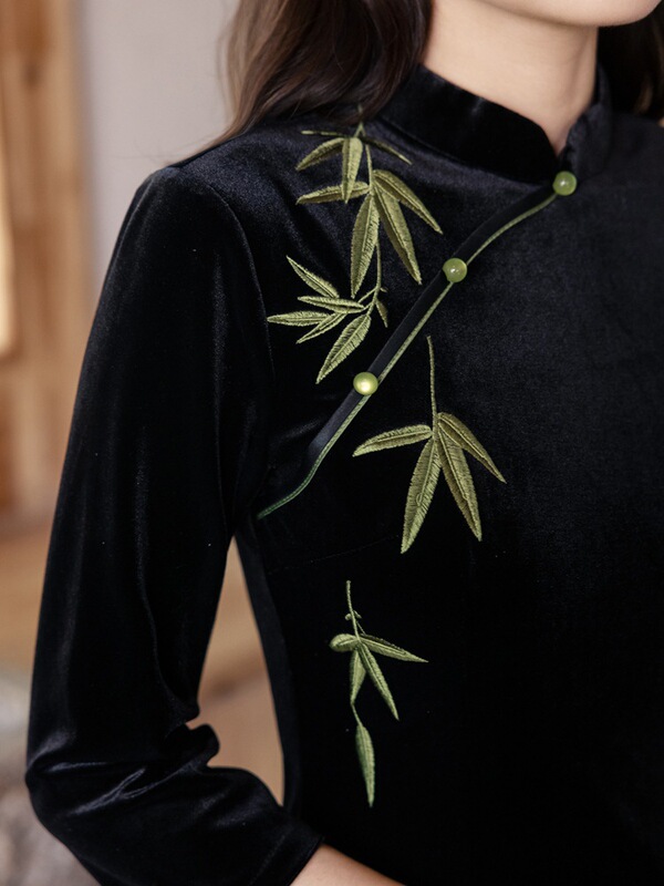 贝之韵新中式年轻款高端黑色丝绒绣花旗袍长袖2025秋季绝美女日常|undefined