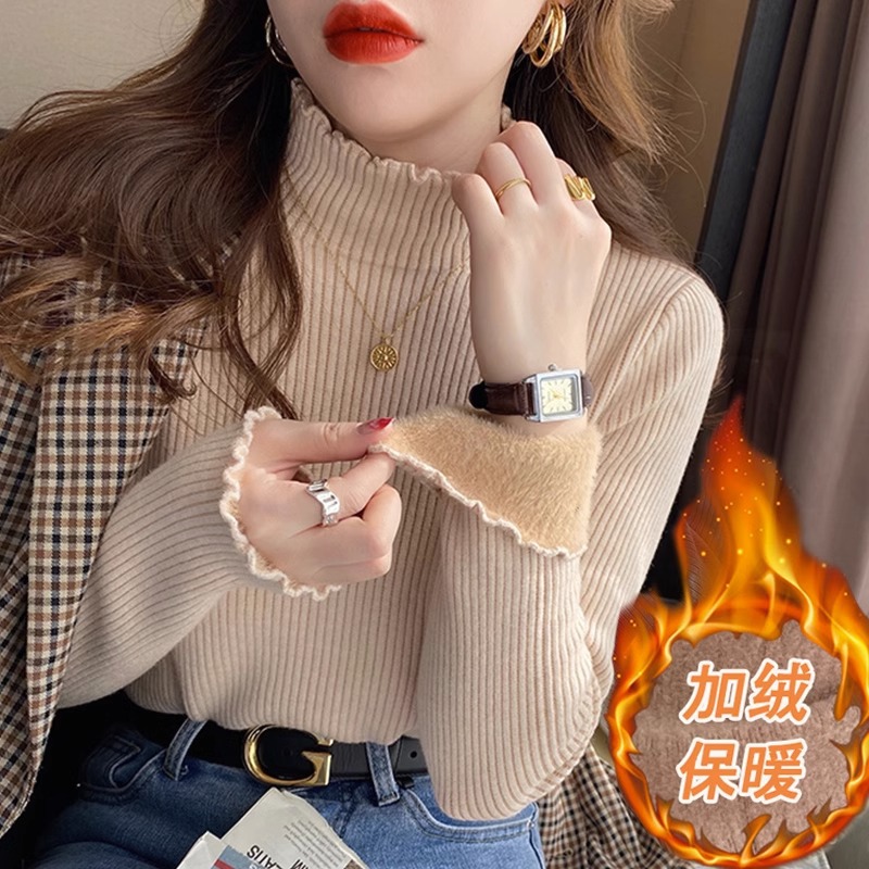 fleece-lined Half-high Neck Knitted Sweater Women's Winter Elastic Tight Soft Waxy Thickened Warm Ear Edge Base Sweater Trendy