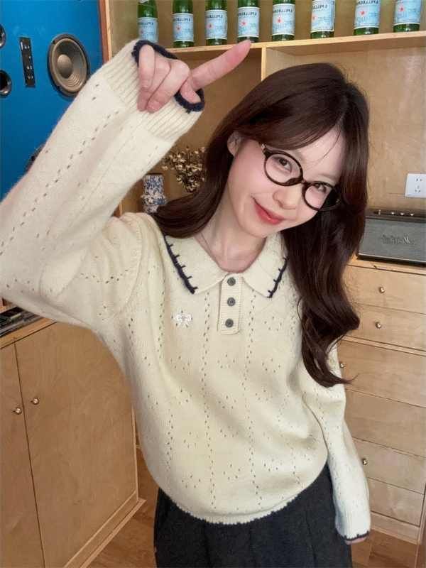 刺绣拼色翻领毛衣女2025秋季新款韩系设计感减龄宽松长袖针织上衣|undefined