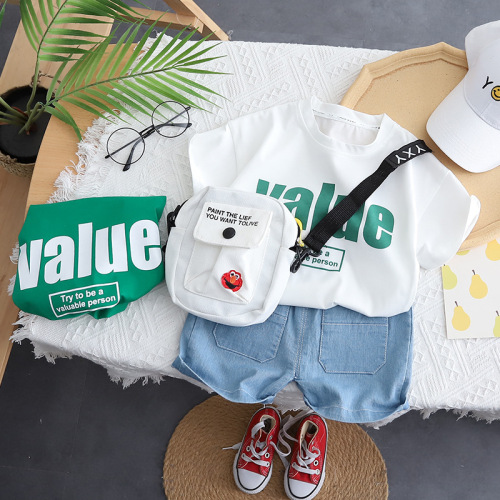 2024 New Children's Letter Round Neck Short Sleeve Suit Girls Summer Clothes Boys Shorts Denim Clothes for Girls and Boys